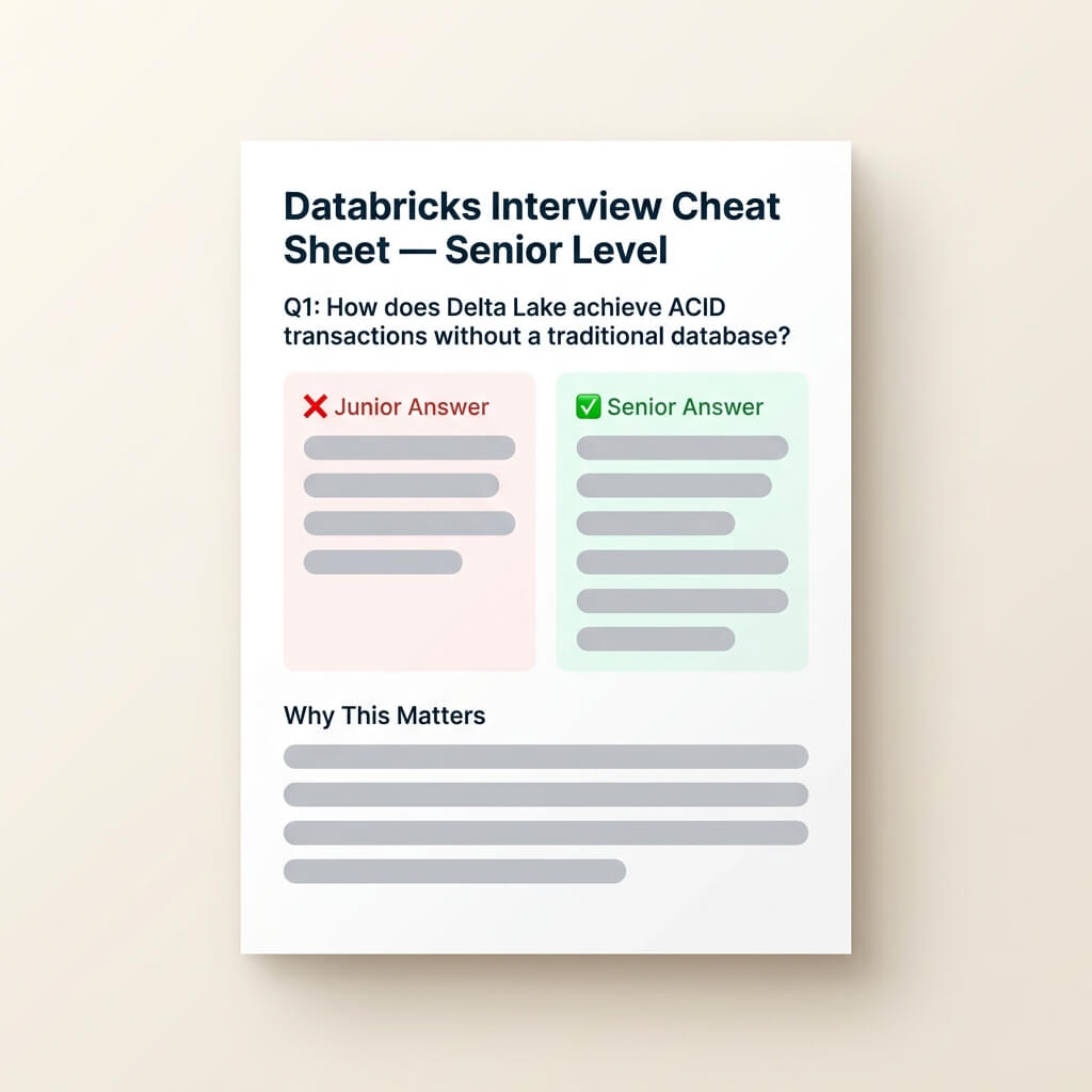 Cheat sheet preview showing junior vs senior answer contrast for a Delta Lake interview question
