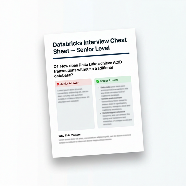 Cheat sheet preview showing junior vs senior answer contrast for a Delta Lake interview question